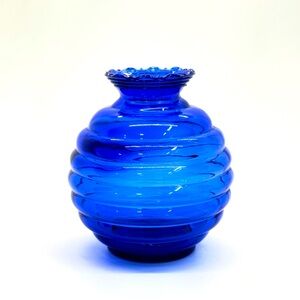 Cobalt Blue Vintage 5" x 4 1/2" Beehive Ribbed Glass Vase Marked USA